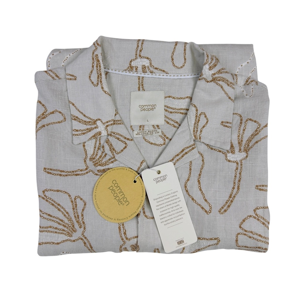 Common‎ People CAST SS Shirt Stone Linen Blend Floral Button Down Mens Large NEW